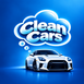 A stylized blue graphic with the words 'Clean Cars' inside a glowing cloud-like outline above a white sports car on a blue gradient background.