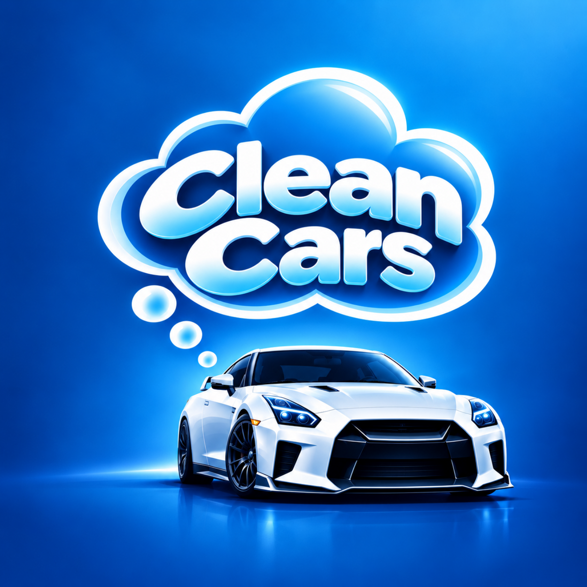 A stylized blue graphic with the words 'Clean Cars' inside a glowing cloud-like outline above a white sports car on a blue gradient background.