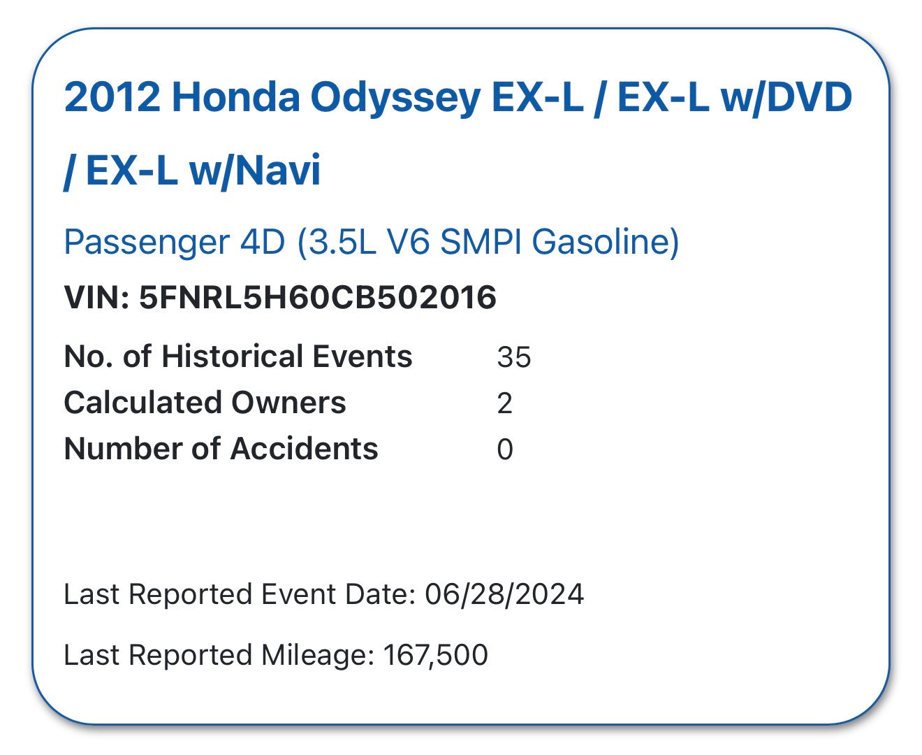 2012 Honda Oddysey EX-L navigation RES